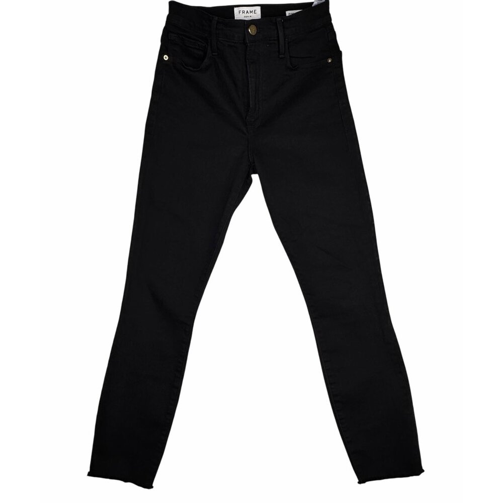 Frame Ali High Rise Cigarette Black Denim Jeans Sz 27 Raw Hem Stretch Minimalist